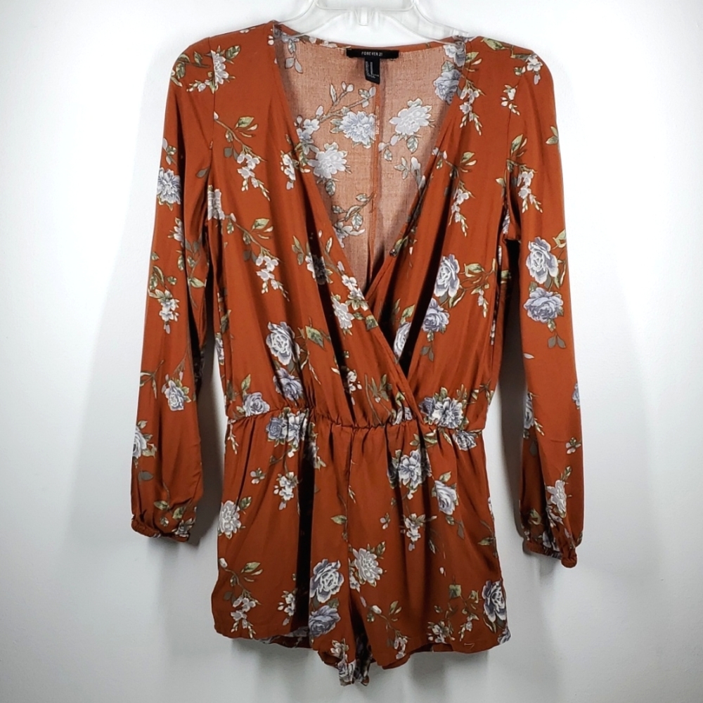 Forever 21 Brown Floral Boho Wrap Romper Long Sleeves M NWOT